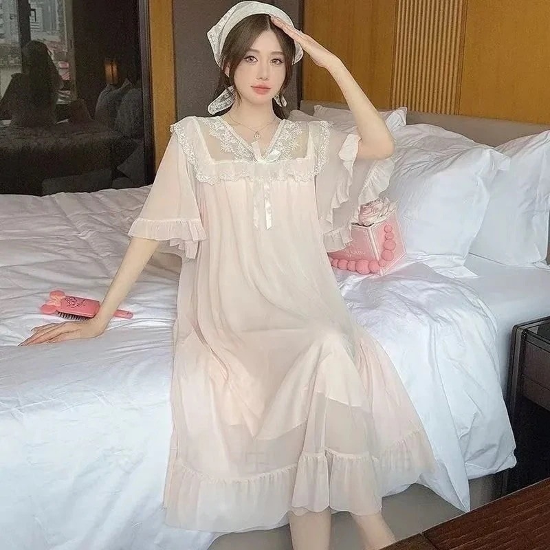 ネグリジェ ワンピース 姫系 ロング丈 レース シースルー 半袖 おしゃれ 可愛い 快適ナイトウェア
