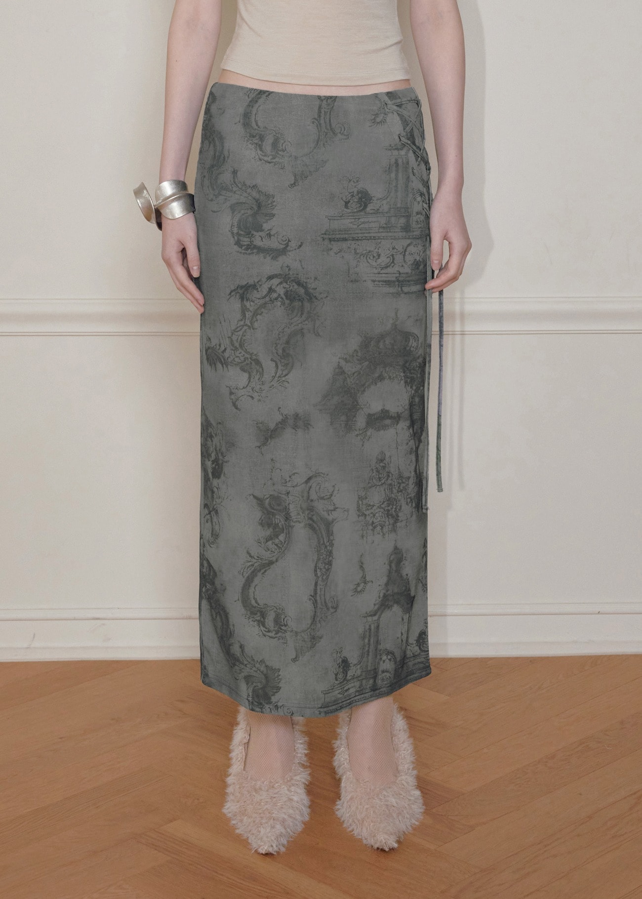 【bohemseo】 LACE-UP LONG SKIRT, CHARCOAL 正規品