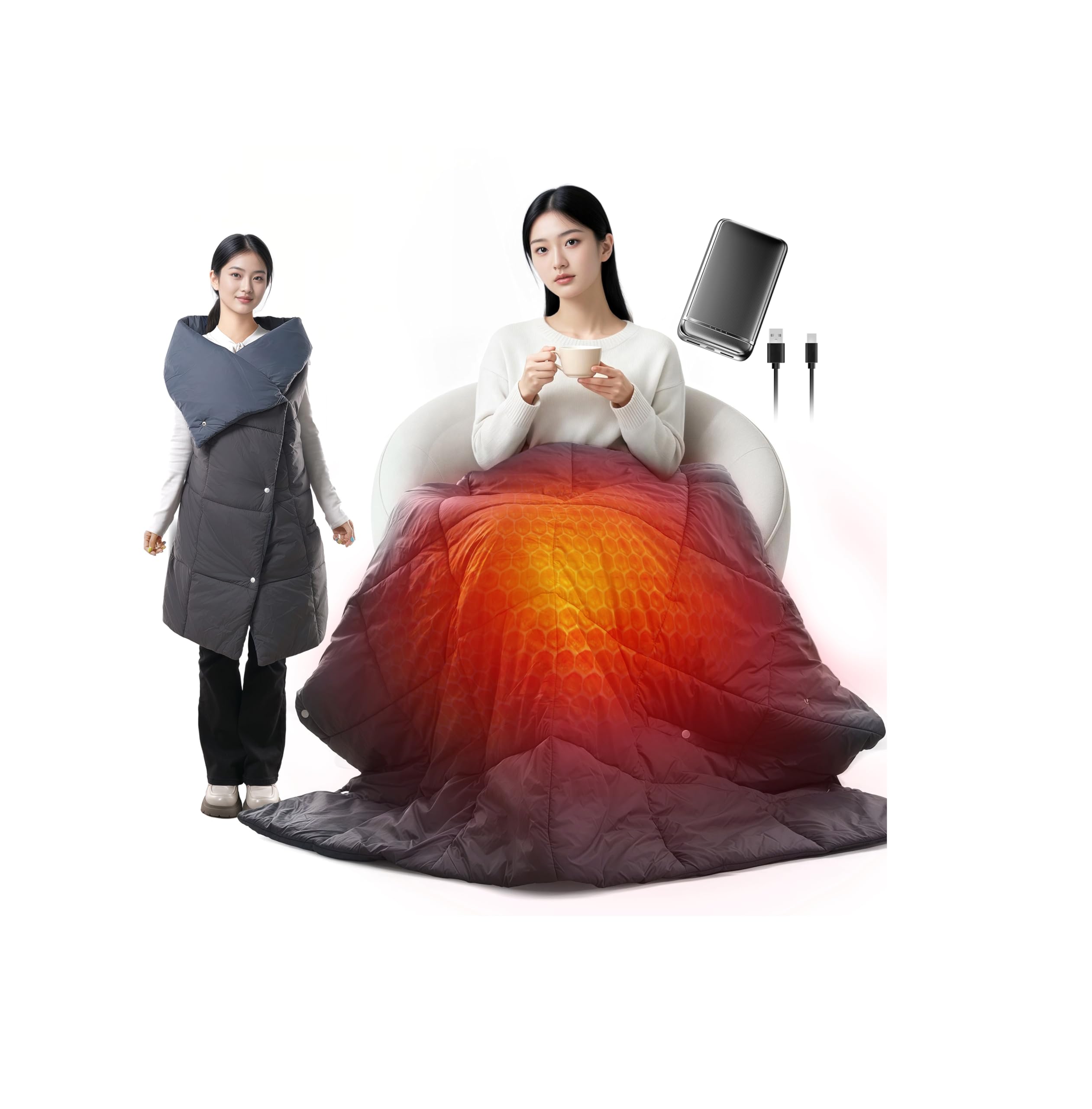 電気ブランケット 電気毛布 掛け 敷き 兼用 【2026新登場・35800ｍAh大容量バッテリー付】 USB給電式 最大32時間使用 8箇所発熱 日本製ヒーター採用 MAX65℃ 速暖 3段階温度＆2