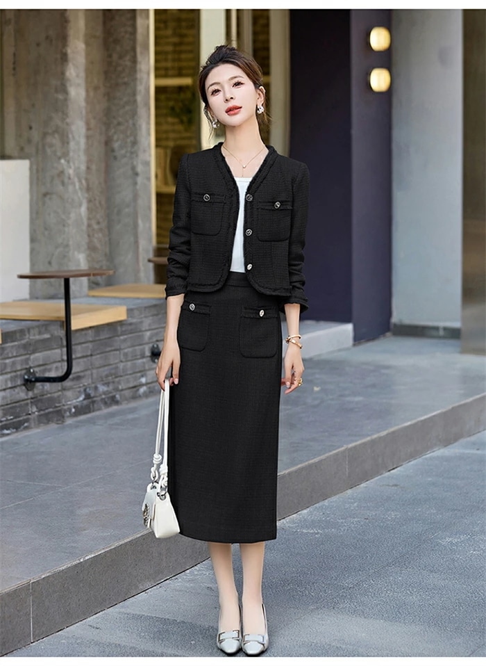 セットアップ スカートスーツ レディース 2点セット スーツ セレモニー ママスーツ 上下セット フォーマル ツイードジャケット&ロングスカート キレイめ 厚手 長袖 エレガント 通勤 OL 女性 オ