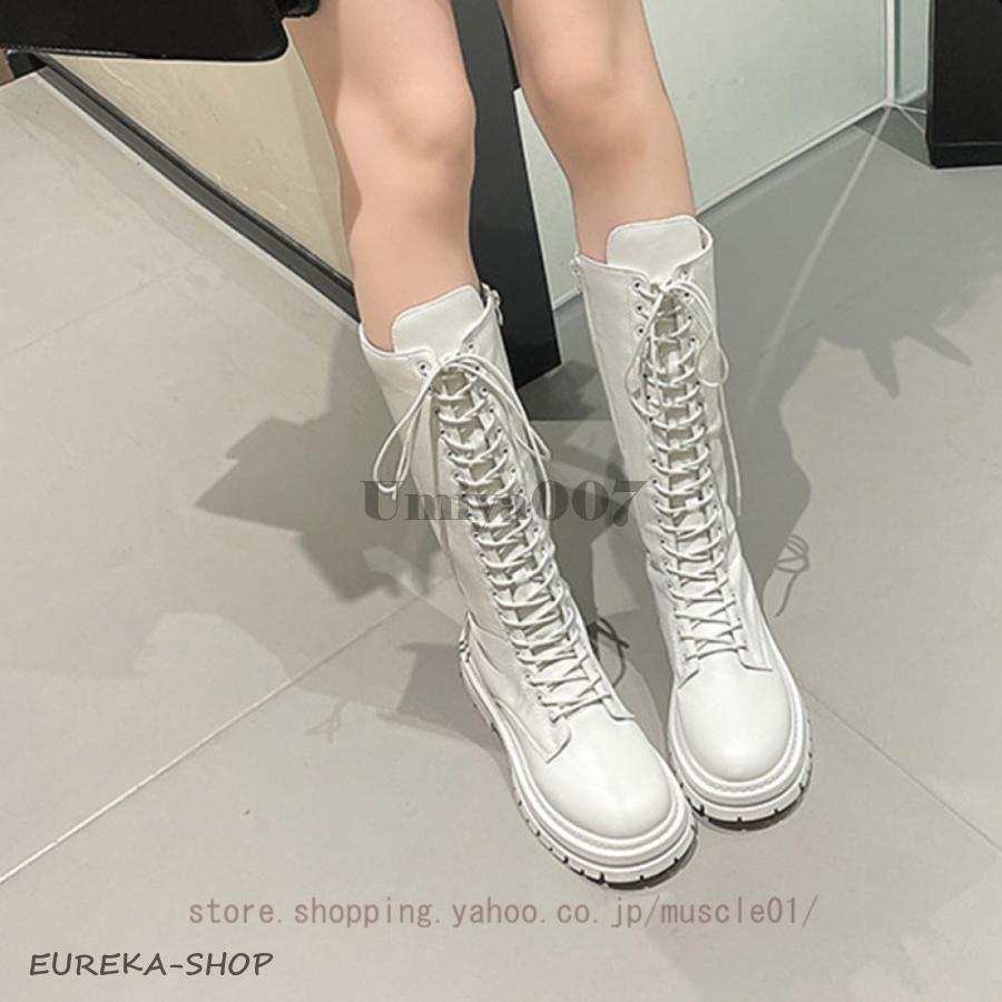 【今週の新品30%OFF】編み上げブーツ レディース 厚底 ローヒール 膝丈 サイドジップ ロング ブーツ レースアップ 黒 白 高筒ブーツ 秋冬 シンプル 美脚 レースアップブーツ
