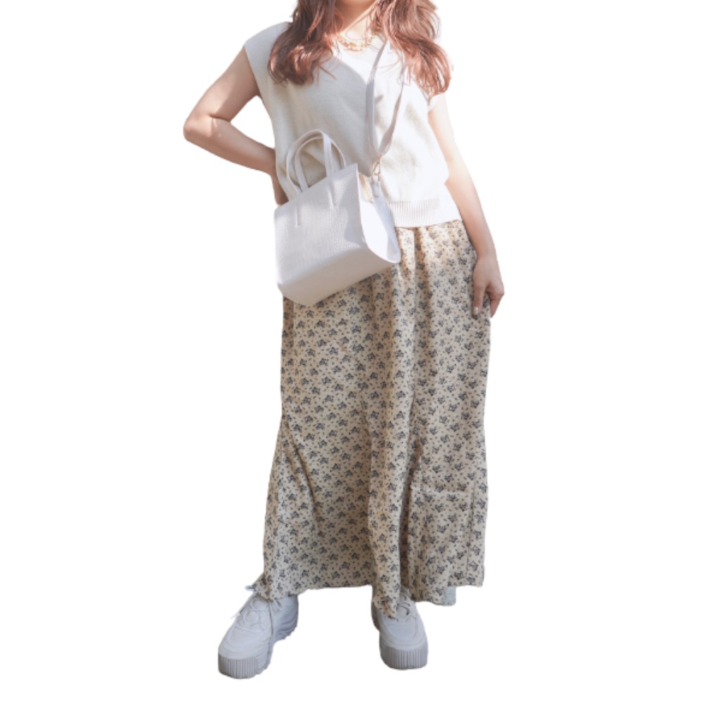 Black Flower Long Flare Skirt (beige) A,D,G レディース ボトムス
