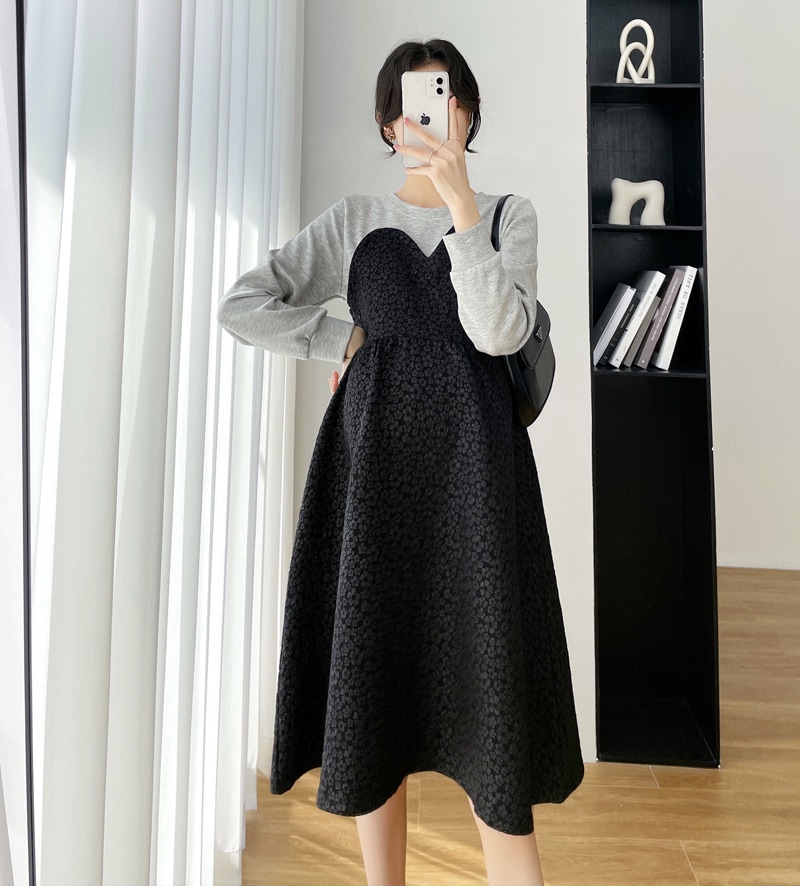 レイヤードワンピース ドッキングワンピース フェイクツーピース ワンピース 長袖 大きいサイズ レディース マタニティー オフィスコーデ Aライン長袖ワンピース a4027