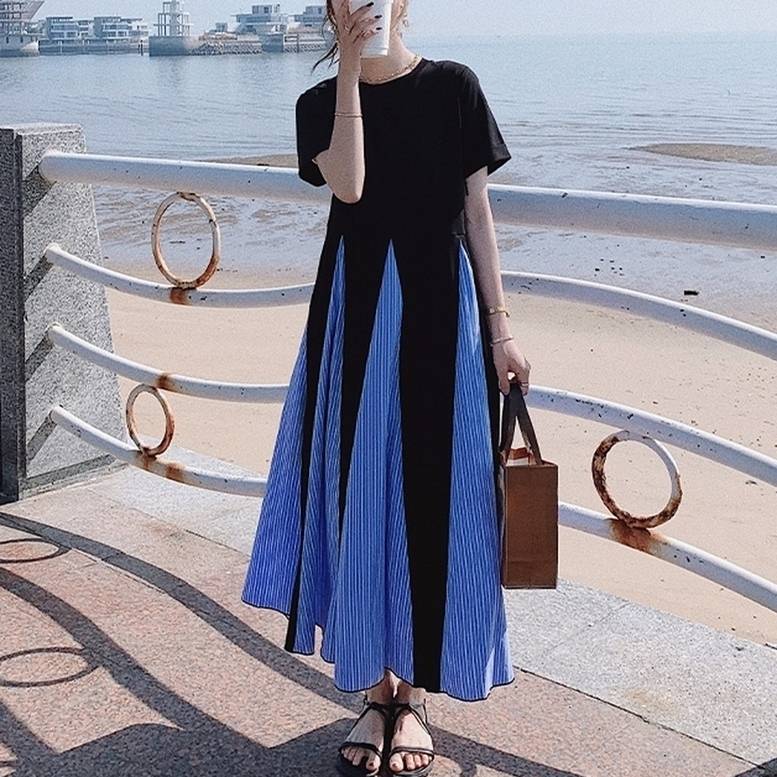 フレアワンピース ストライプ 異素材切替ワンピース 体型カバー ストライプ切り替えロングワンピース フレア 脚長 ロング丈 夏 ドッキング 半袖 シャツワンピース 異素材MIX ワンピース 切り替えデ