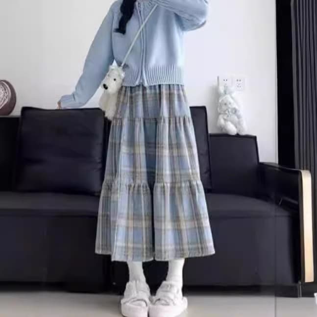 【1つ買うと10つ無料】秋と冬の女性のためのブルーケーキスカートハイウエスト 字型のスリムなのレトロなウール格子縞のスカート 66,319円