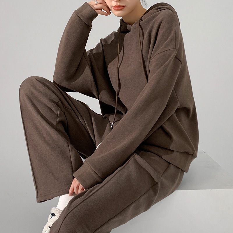 韓国ファッション レディース セットアップ ルーズなフード付きセーターワイドパンツ2点セット