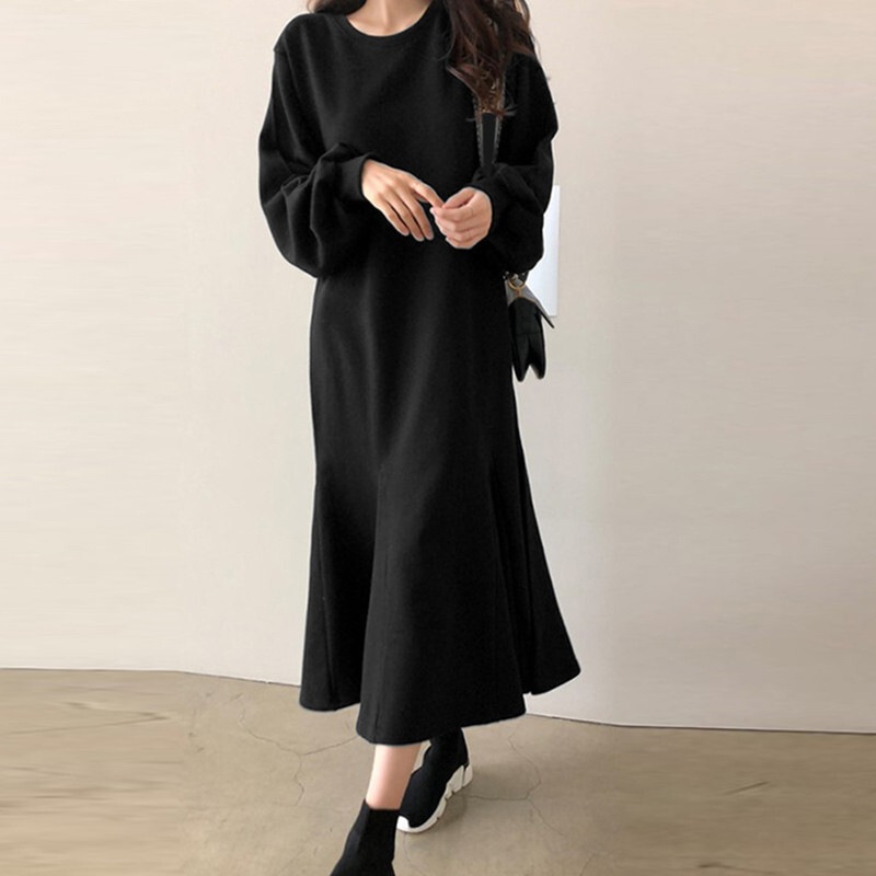 スウェットワンピース おしゃれスウェット スウェット 大きいサイズ 2XL 3XL 4XL レディース 韓国 マーメイド オルチャン ラウンドネック ブラック グレー レッド 部屋着