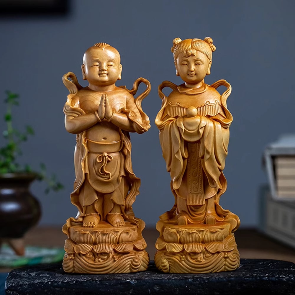 黄楊木 金童玉女 仏像木彫り置物 5.5×5×15 cm 家庭用供養用工芸