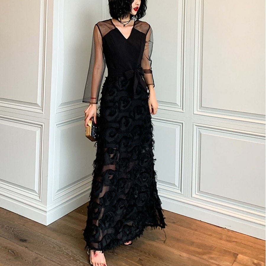 レディース パーティードレス ワンピース ドレス スカート ハイウエスト 袖あり 長袖 Vネック メッシュ シアー 透け感 フリル スリット 大人可愛い セクシー エレガント シンプル