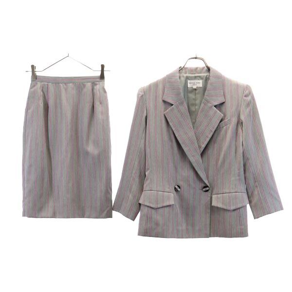ウール ストライプ柄 スカートスーツ 上下セットアップ 38 グレー系 レディース