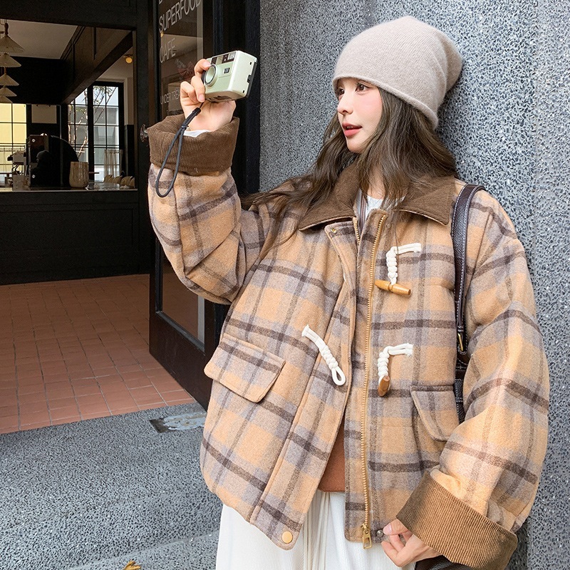 コントラストカラーチェック柄ホーンボタン90ホワイトダックダウンダウンジャケット2024新作ショートスタイルスモールカレッジスタイルジャケット 9,744円