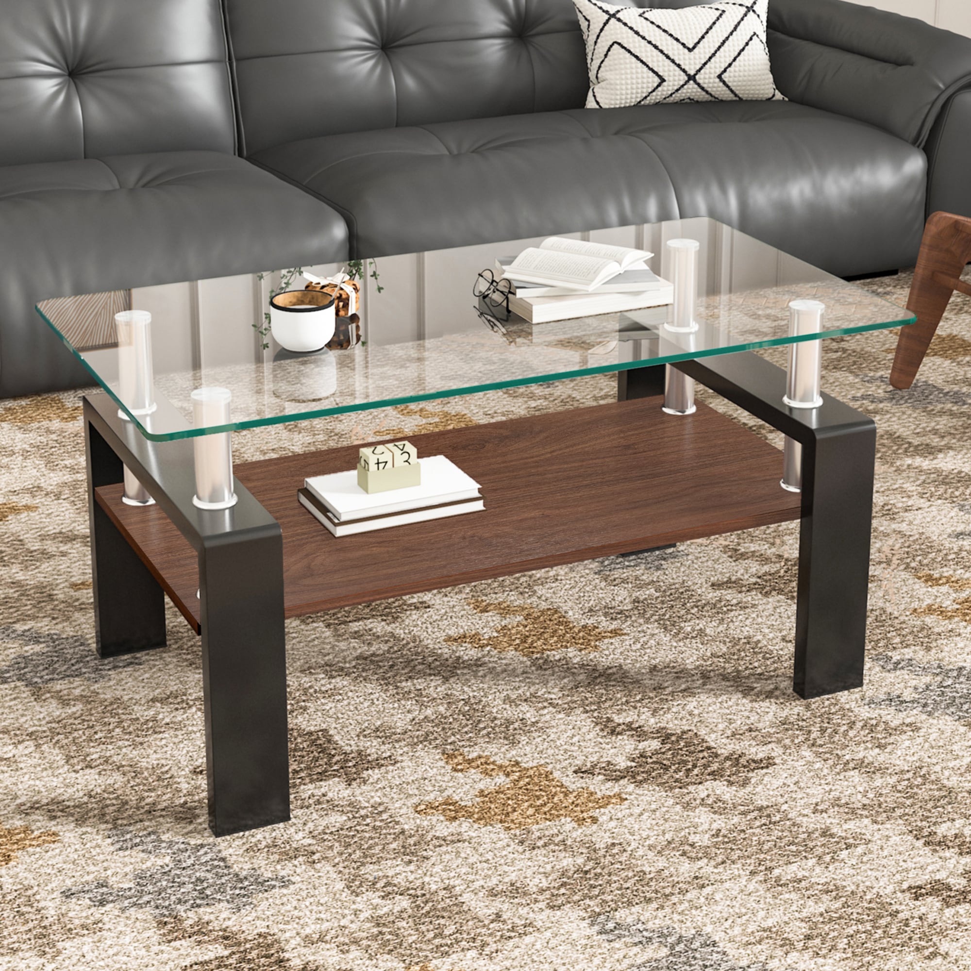 モダン長方形コーヒーテーブル 強化ガラス天板+MDF収納棚 リビング用 クリアガラス+ブラック脚 8,010円