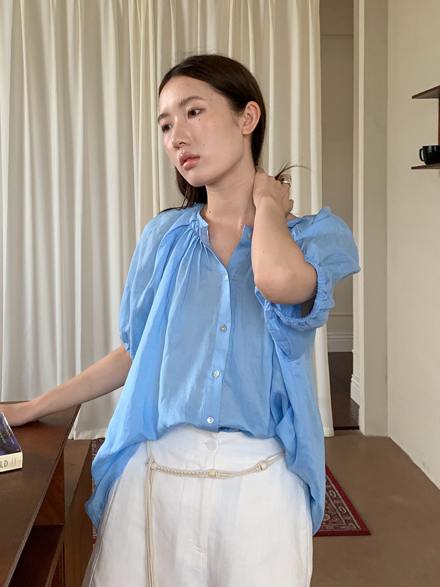 半袖ブラウス レディース テンセルリネン パフスリーブ 韓国風 ゆったりシャツ 夏新作 4色展開