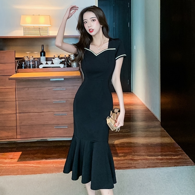 ワンピース レディース 送料無料 ティアードワンピース フィッシュテール タイトドレス タイトワンピース ワンピドレス ミディ丈 ミディアム丈 ブラック スイートハートネック ハートシェイプドネック