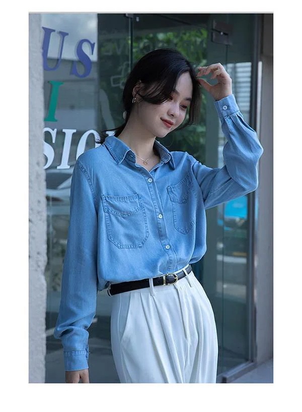 トップスシャツブラウスデニムシャツ サマー 袖付き トップス 夏 おしゃれ デニムブルー かわいい リゾート 青 薄手 カジュアル 胸ポケット 風 レディースシャツ 前開き ボタン 長袖あり