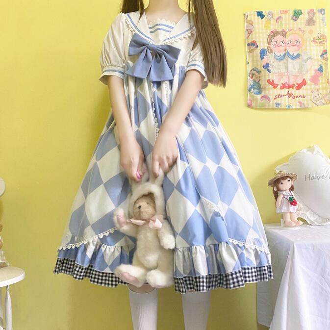 【超人気商品】ロリータワンピース　セーラーワンピース　セーラー襟　チェック柄裾　半袖　海軍　Lolitaドレス　リボン　可愛いロリータワンピース　森ガール　日系　レディース　発表会 文化祭 学園祭 撮
