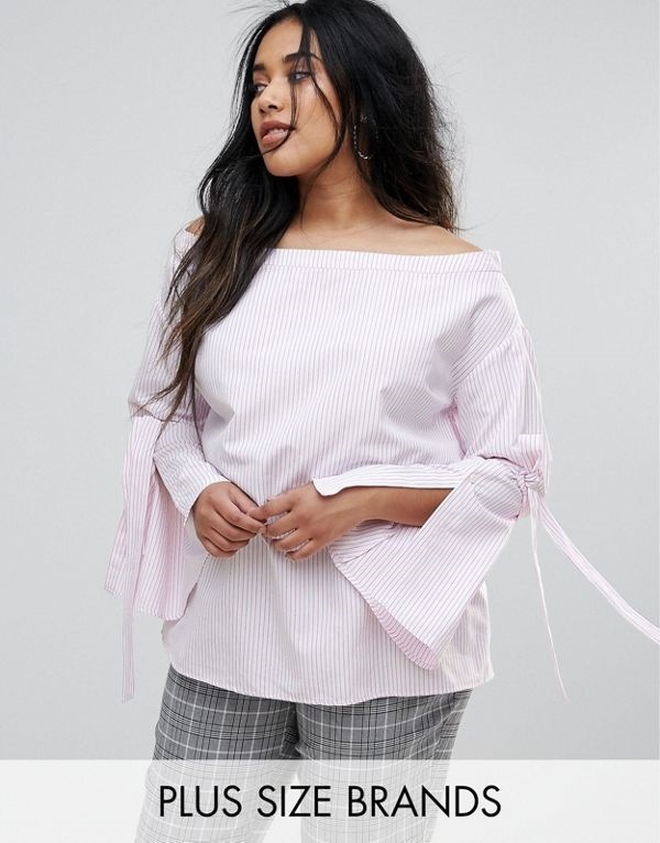 Unique 21 Hero レディース 大きめサイズ ゆったりサイズ 送料無料 White Plus Bardot Blouse With Exaggerated Sleeve In Strip