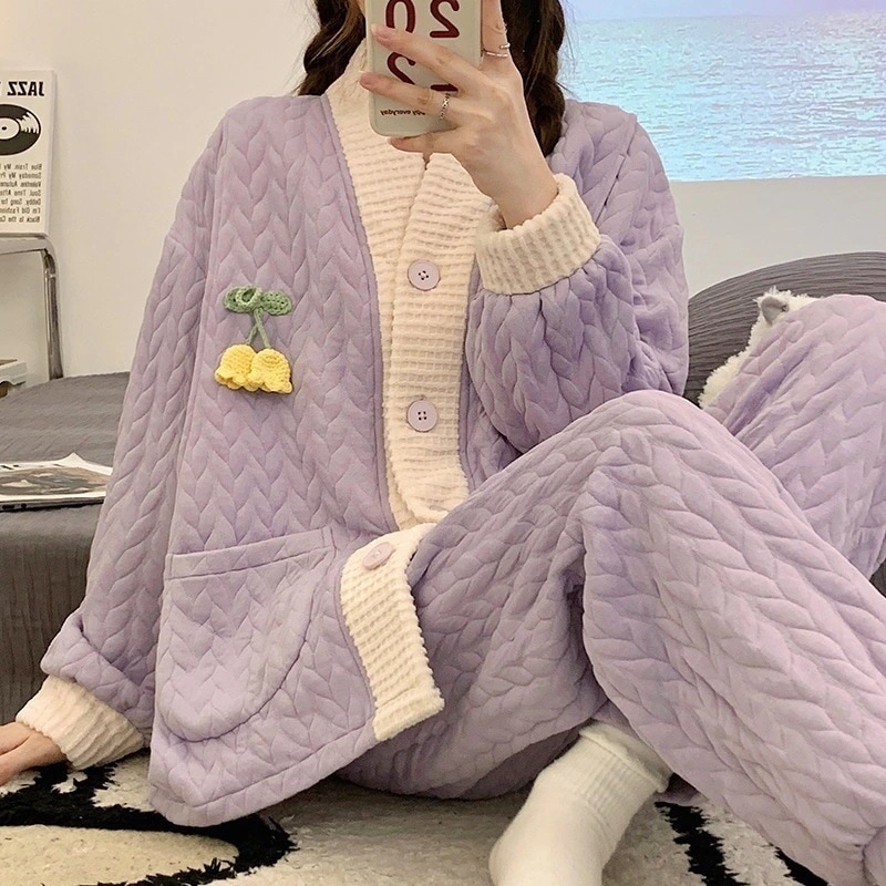 人气ウェア空気綿月子服天パジャマ女性モデル2点セット綿挟み