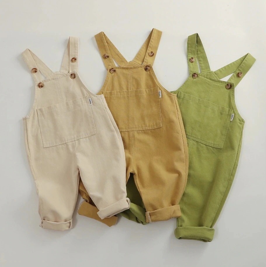オーバーオール 子供服 サロペット 女子 男子 キッズ ベビー オールインワン シンプル パンツ 長ズボン 黄色 イエロー 緑色 グリーン ベージュ 80cm 85cm 90cm 95cm 100cm