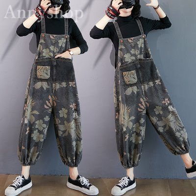 サロペットパンツ レディース オールインワン オーバーオール デニムパンツ 九分丈 プリント ゆった
