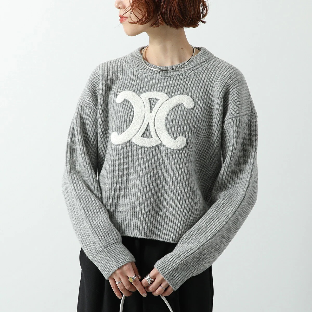 CELINE セリーヌ ニット RY0GS423P.09GM レディース セーター 長袖 ウール Triomphe トリオンフ リブ クルーネック グレー