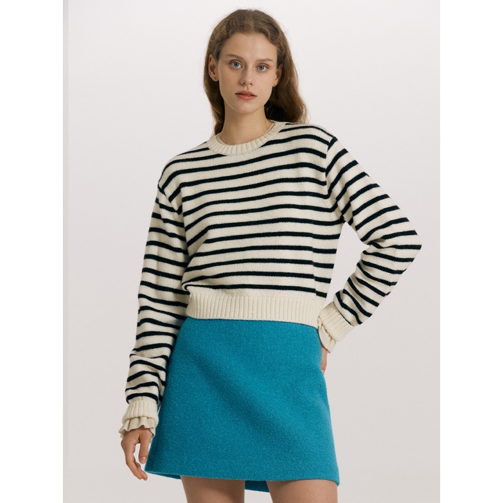 AND YOU LIBERTY ストライプクロップウールニット（アイボリー・ネイビー）