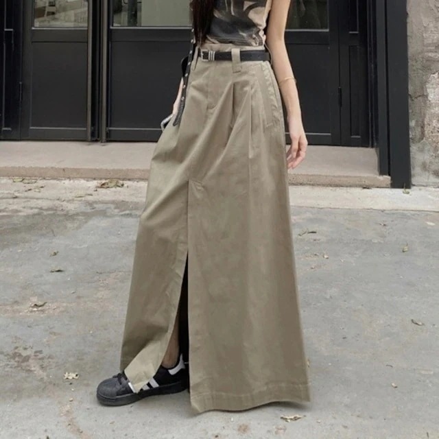 スカート ロング丈 Aライン スリット フロントオープン ハイウエスト 美脚効果 脚長効果 細見え カーキ おしゃれ かわいい 韓国ファッション レディース お出かけ