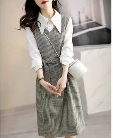 重ね着風デザインワンピース 膝丈 襟付き ワンピース シャツ Iライン 切替えデザイン 爽やか かわいい 可愛い きれいめ シンプル キュート 上品 おしゃれ かっこいい レトロ アジアン