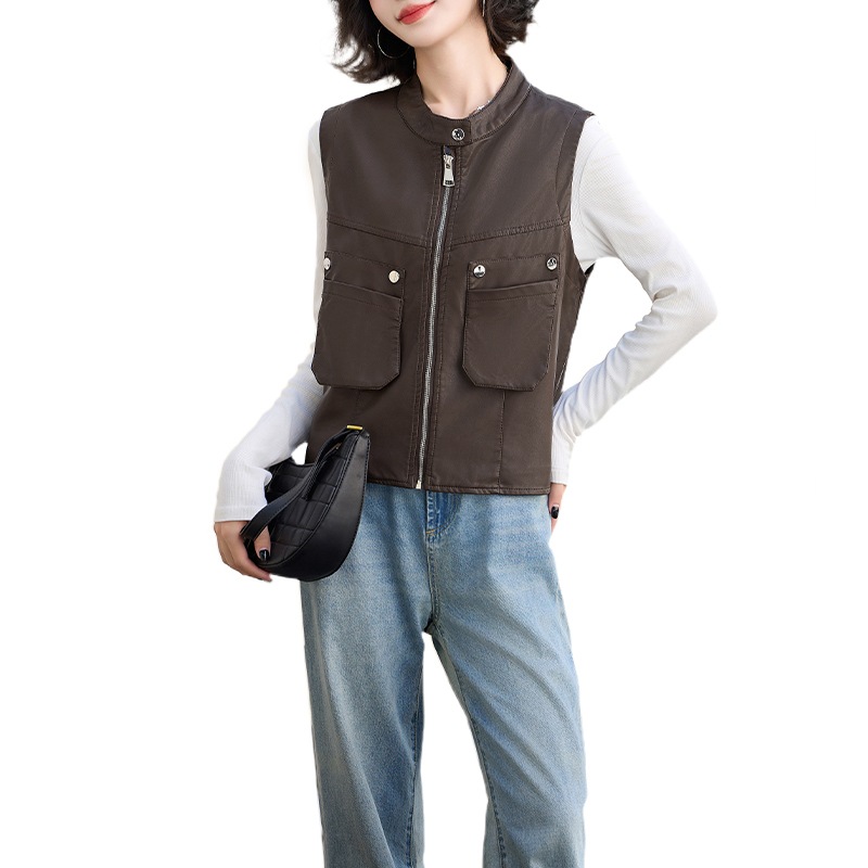 婦人服PU皮衣レトロスタンドカラー機関車服ジャケット婦人ベスト