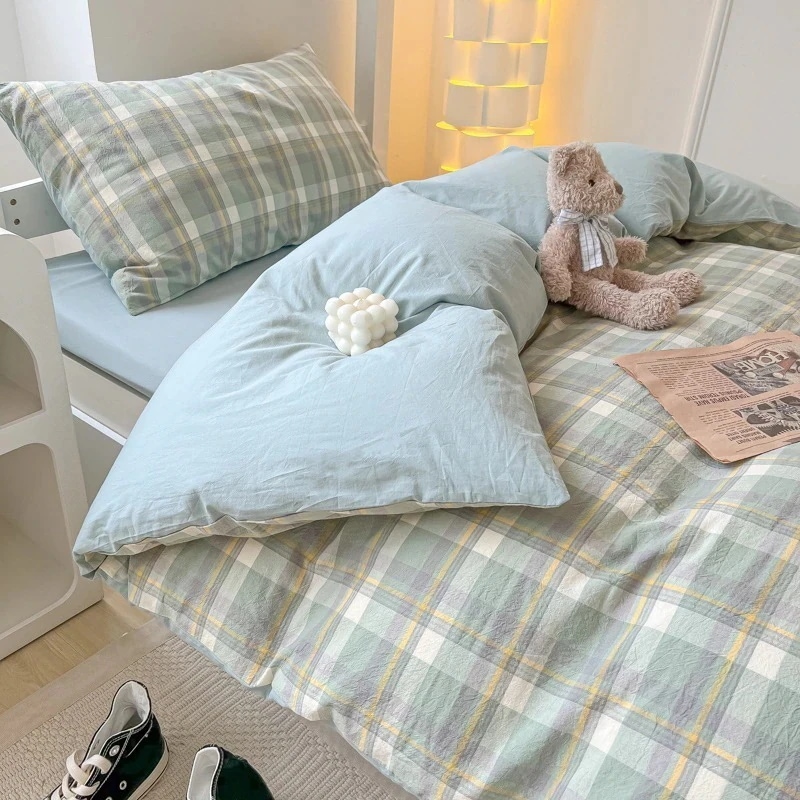 【急速出荷!】今の流行シンプルなプリントなしスタイル無地ウォッシュコットン 4 ピースチェック柄ストライプキルトカバー学生寮のベッドシート 3 ピースキルトカバー