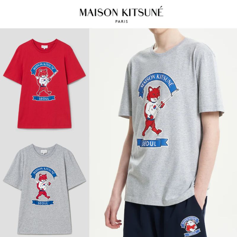 メゾンキツネ【韓国 ソウル デザイン Tシャツ ユニセックス】 Unisex Korean Fox Printed Regular Tee-Shirt　正規品 限定デザイン