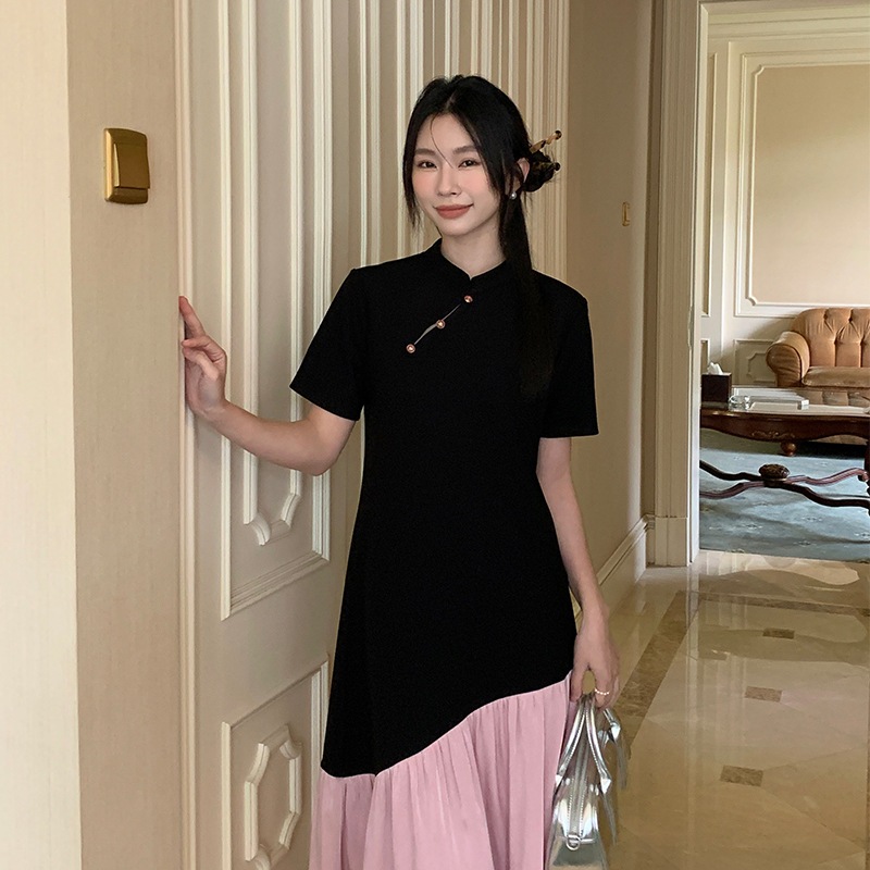 Aixili 2024 夏レトロ新中国風スタンドカラーコントラストカラーボタンスプライシングニットドレス 11029