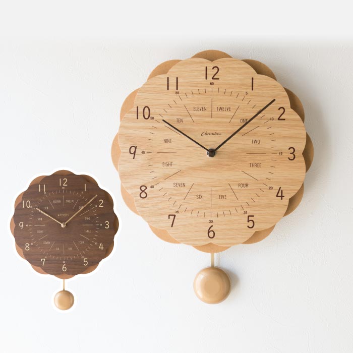 掛け時計 おしゃれ 振り子時計 木製 2WAY アナログ SUN CLOCK シャンブル CHAMBRE 知育時計 英語 目盛 花型 突板 オーク ウォルナット ナチュラル 掛時計 ウォールクロック