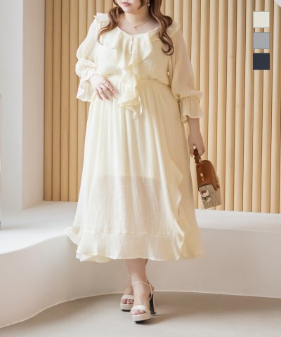 大きいサイズ レディース LL 3L 4L XL XXL XXXL CLETTEオリジナルペチコート付きフリルワンピース