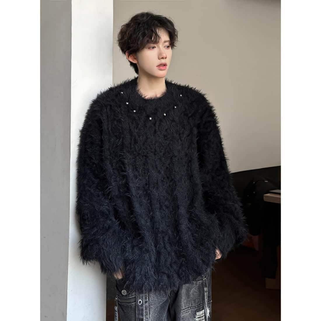 【急速出荷!】フェイクミンク 釘ビーズ セーター 秋冬 怠惰風 長袖ニット ラウンドネック プルオーバー トップス ゆったり カジュアル ニットセーター 4,951円