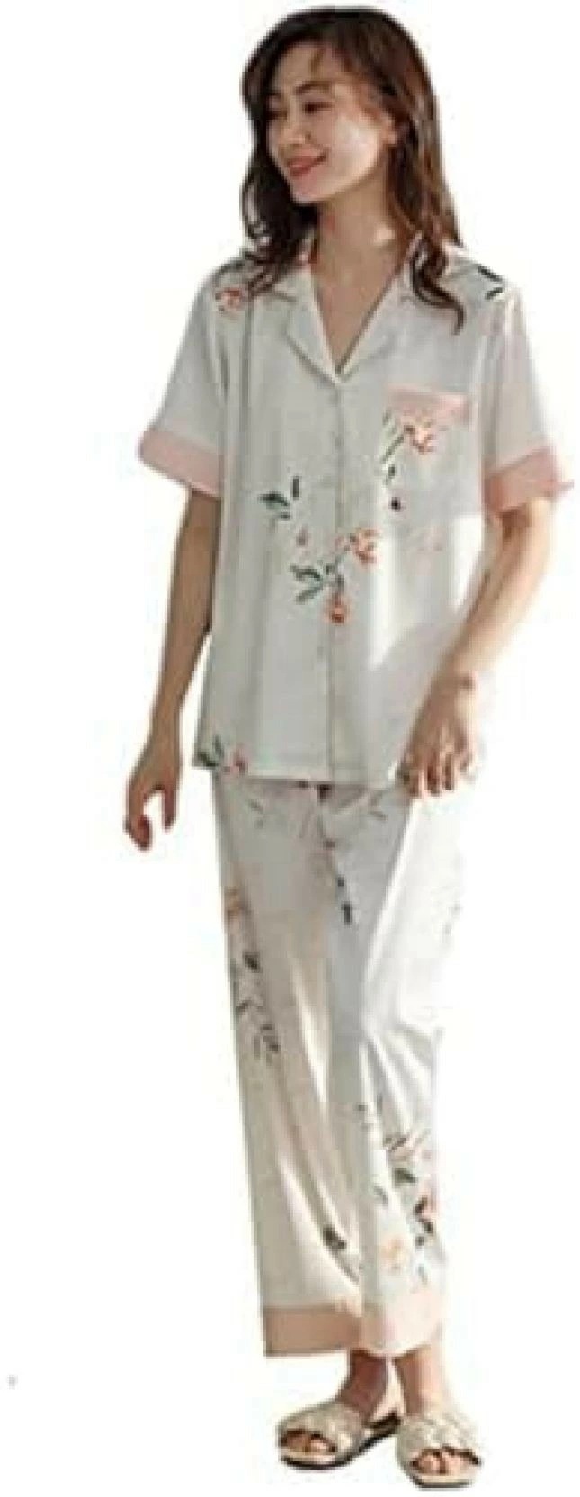 パジャマ レディース シルク100％ サテン 上下セット Vネック 半袖 前開き 女性用 パジャマ プリント ポケット ファッション ルームウェア シャツパジャマ 2点セット エレガント 快適 ロング 5,059円