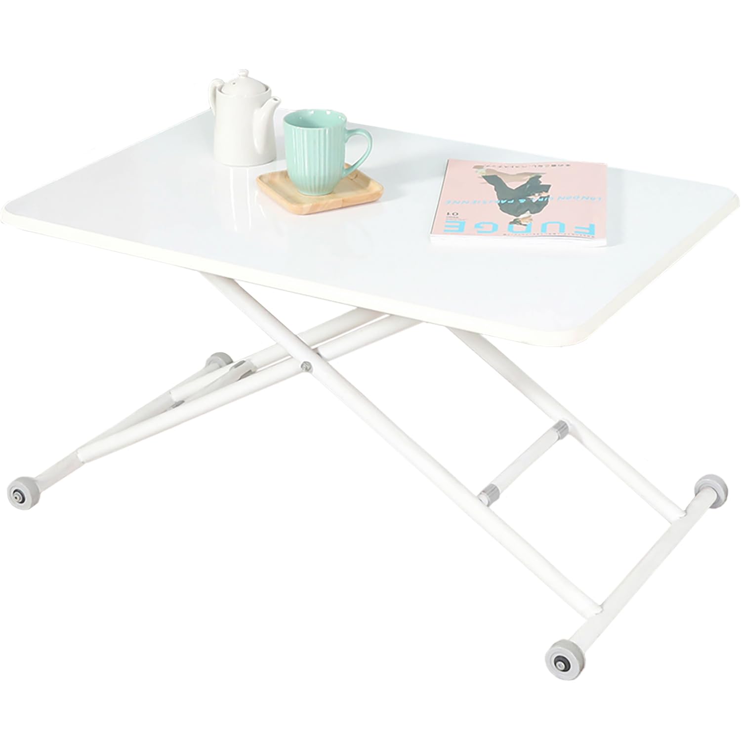 不二貿易 昇降式テーブル センターテーブル 幅90~109.5×奥行60×高さ11.5~70cm ホワイト ガス圧 無段階調整 キャスター付き 完成品 74709