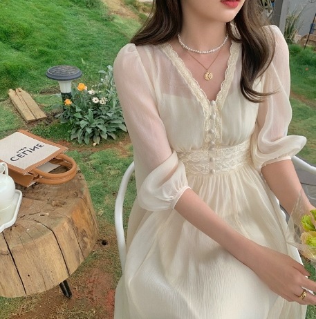 ワンピース ミディアム丈 長袖 Vネック Aライン ハイウエスト かわいい きれいめ シンプル 大人 上品 おしゃれ ラブリー キュート セクシー エレガント フォーマル 大人 上品 シフォン 20代