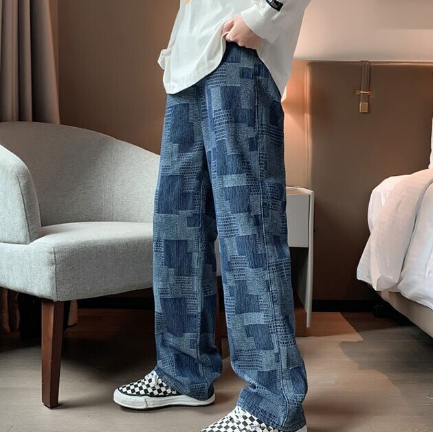 ジーンズ デニム メンズ ジーパン ゆったり 大きめ ビッグサイズ XL 2XL 3XL 色展開 ブルー ブラック オールシーズン 春 夏 秋 冬 パッチワーク風 個性的 お洒落 海外 学生