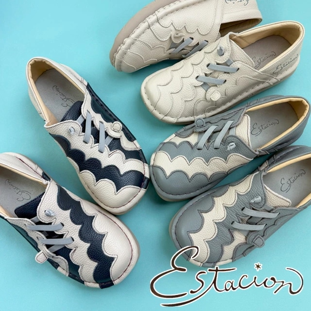 エスタシオン 疲れない スリッポン レディース 痛くない サイドレースアップ ローヒール 本革 歩きやすい レースアップ カジュアルシューズ TGE475 アイボリー/ネイビー アイボリー グレー/ア