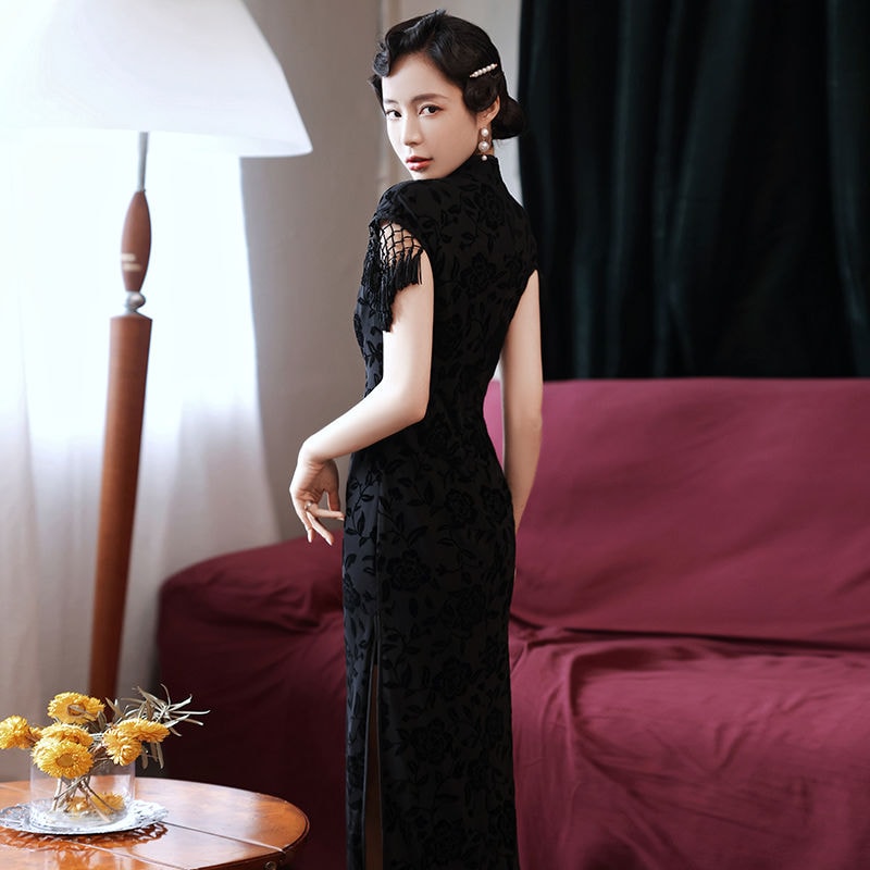 ロングブラックのチャイナドレスの女性のハイエンド2025年夏のレトロな気質の改善されたスタイル r 母の日-0009270