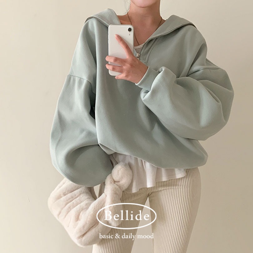 韓国の女性ファッション/ セーラー ルーズフィット両面起毛半ジップアップスウェットjp1117