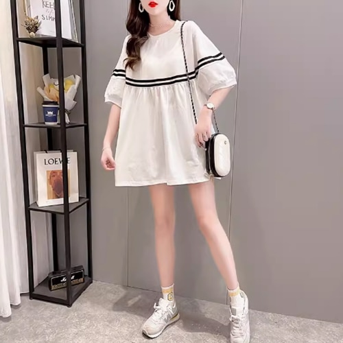 レディース トップス ワンピース カットソー プルオーバー 半袖 ラウンドネック 襟なし ワイド 大人可愛い シンプル カジュアル おしゃれ ラフ ルーズ 主役級 存在感 ラブリー キュート 都会的