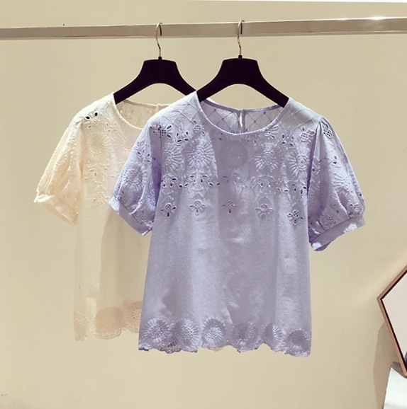 ブラウス レディース 春夏 オシャレブラウス レースシャツ 半袖 刺繍 上品 パフスリーブブラウス 大人 通勤 ゆったり シャツ 韓国風 S M L パープル アプリコット