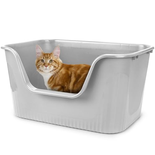 超大型猫用トイレ オープンタイプ 大きい猫 多猫 本体 簡単掃除 清潔 飛散防止 一体成形 幅64×奥45×高33cm（グレー）