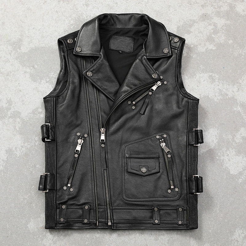 ハーレーモーターサイクルベストファーストレイヤー牛革ライディングスーツ純革ベストトレンディなマルチジップモーターサイクルスーツヨーロッパとアメリカのベスト