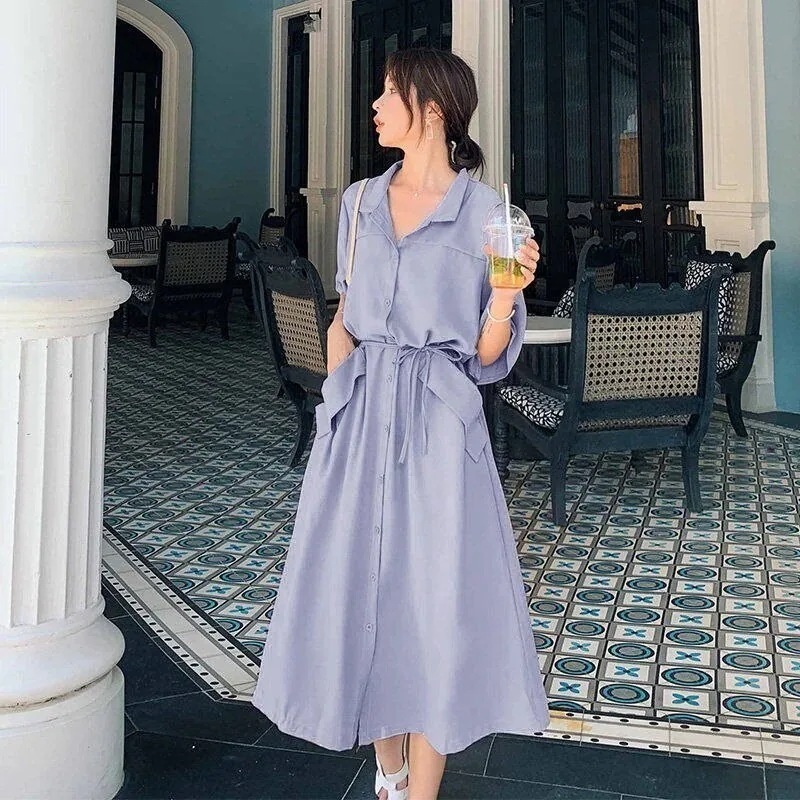 【即納】店舗お勧め!パーティードレス ドレス 便利！2wayワンピースシャツワンピース夏新作韓国風版ゆったり薄手シャツロングスカート