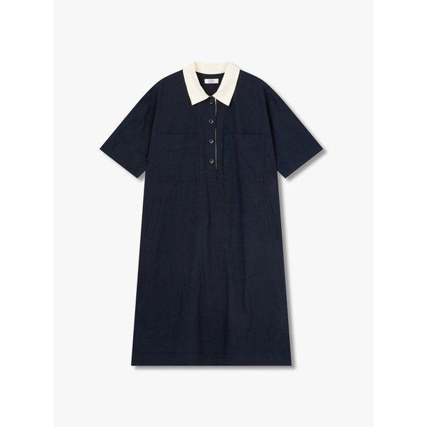 配色カラーネック半袖ワンピース_ダークネイビー9176241983