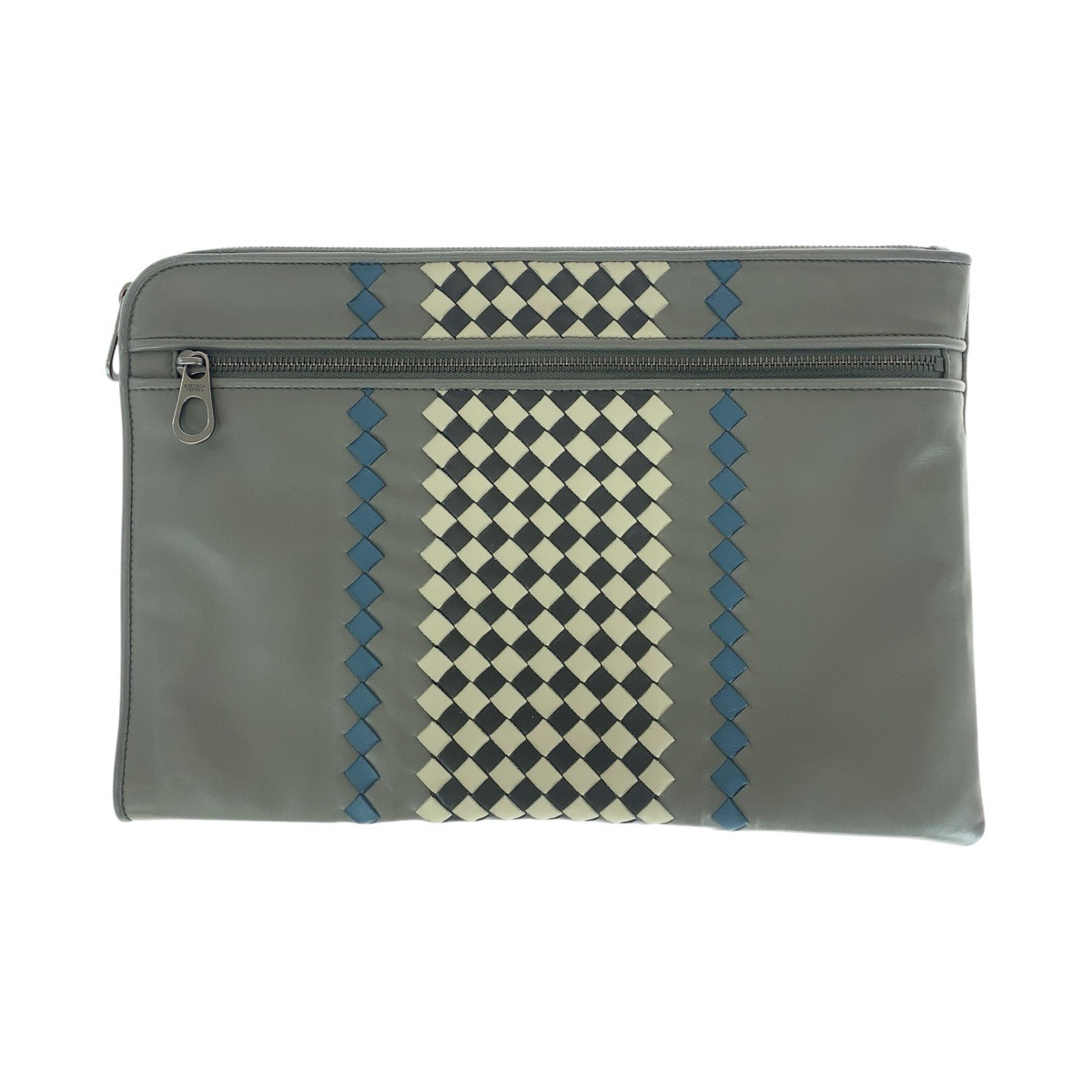 美品 イントレチャート グレー ガンメタ金具 レザー クラッチバッグ セカンドバッグ メンズ 503451