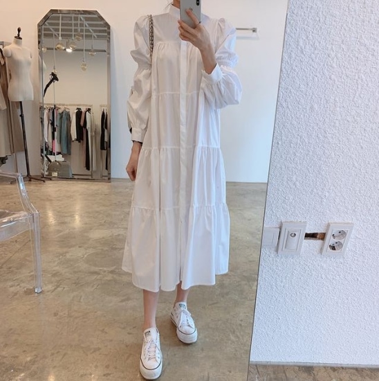 【取寄：納期2週間】シャツワンピース パフスリーブスタンドカラー デザインシャツワンピース 長袖 無地 レディース フレア ティアードワンピース ティアード シンプル ロング丈 ロングワンピース